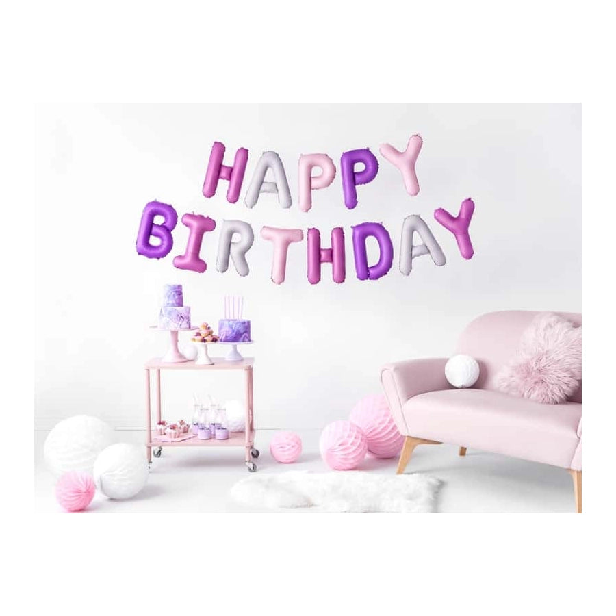 Folieballon Happy Birthday gemixte kleuren roze paars en zilver, leeg