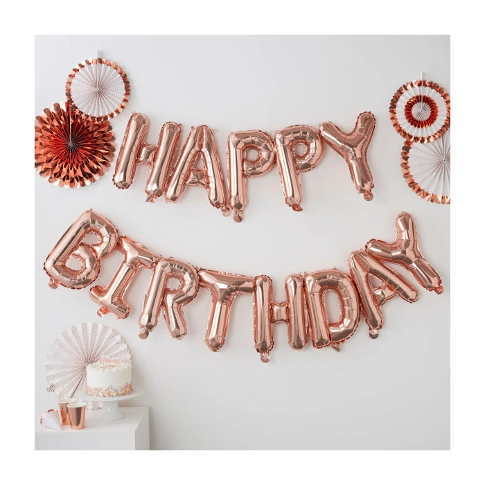 Happy Birhday folieballonnen Rosé Goud 340x34cm