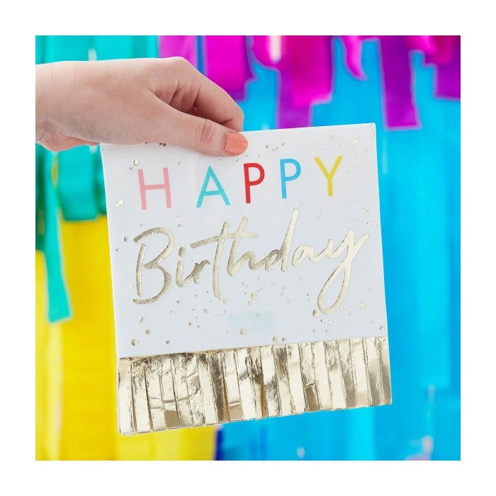 Happy Birthday servetten met gouden franje Mix It Up Brights collectie 16 stuks