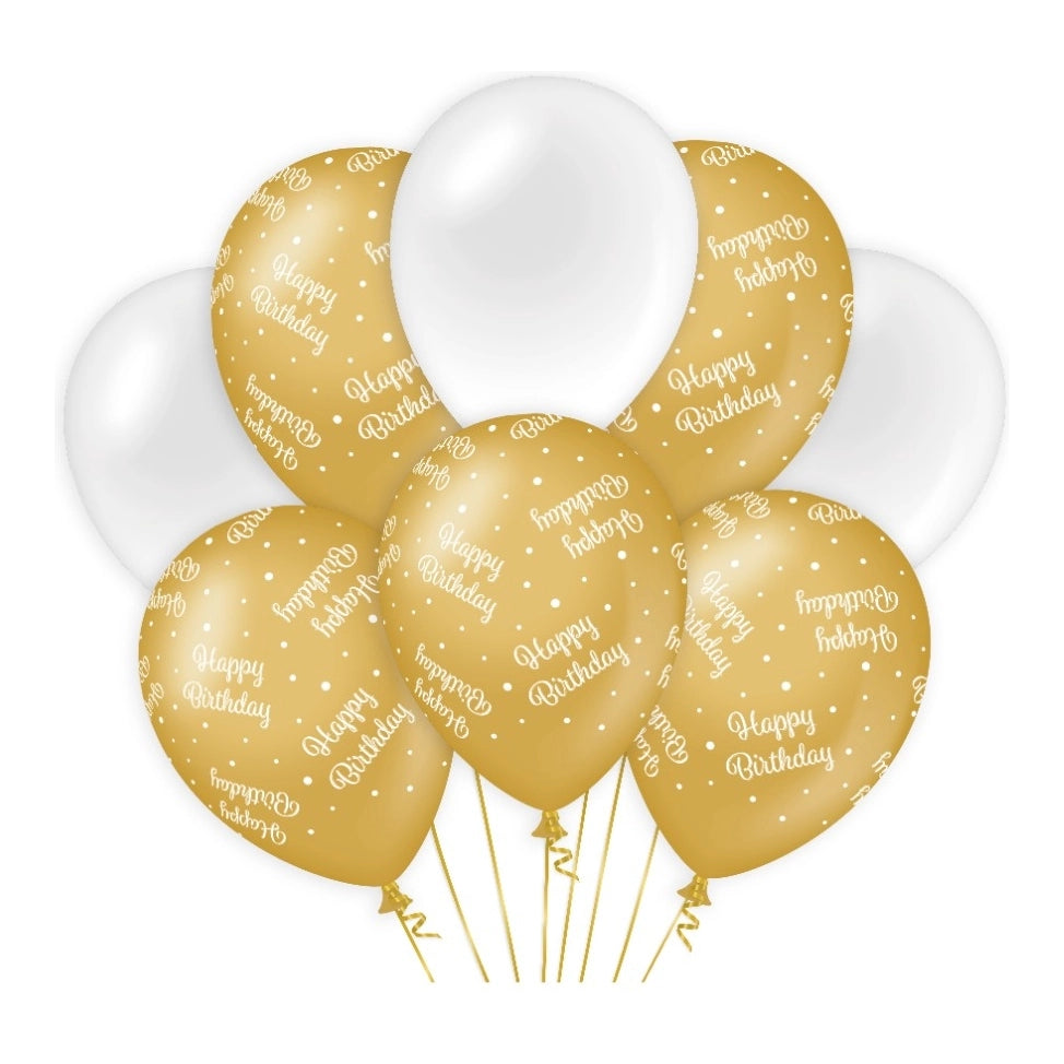 Happy Birthday versiering/ decoratie ballonnen goud en wit, 8 stuks 30cm