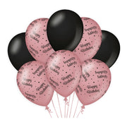 Happy Birthday versiering/ decoratie ballonnen rose goud en zwart, 8 stuks 30cm