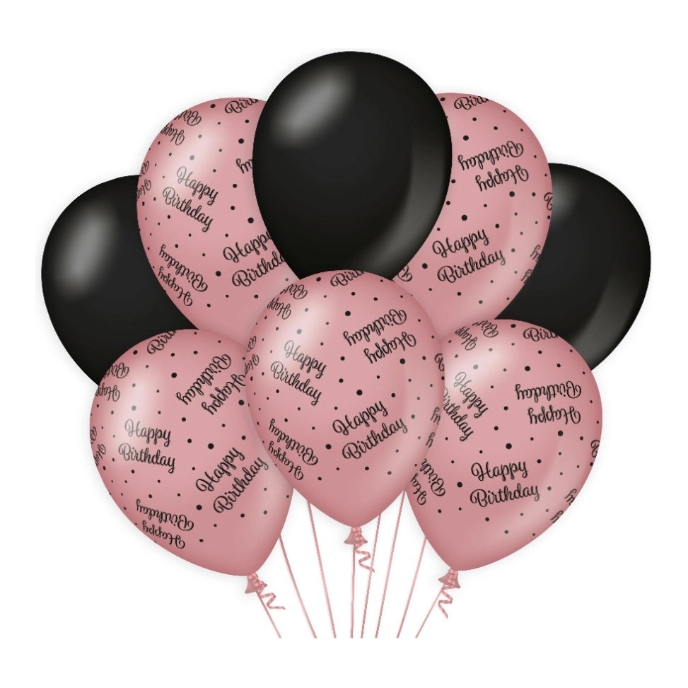 Happy Birthday versiering/ decoratie ballonnen rose goud en zwart, 8 stuks 30cm
