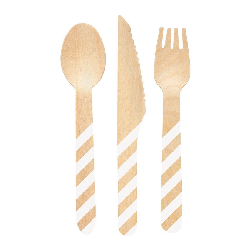 Houten bestek wit gestreept 12 delig