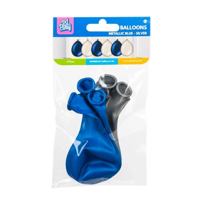 Metallic blauwe en zilveren ballonnen 6 stuks