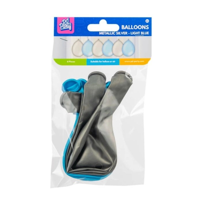 Metallic zilver en blauwe ballonnen, 6 stuks