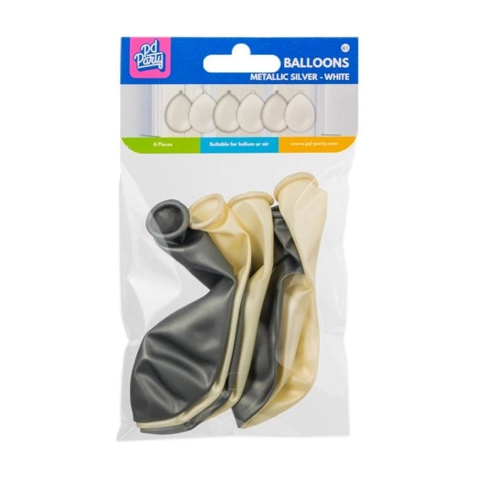 Metallic zilveren en witte ballonnen 6 stuks