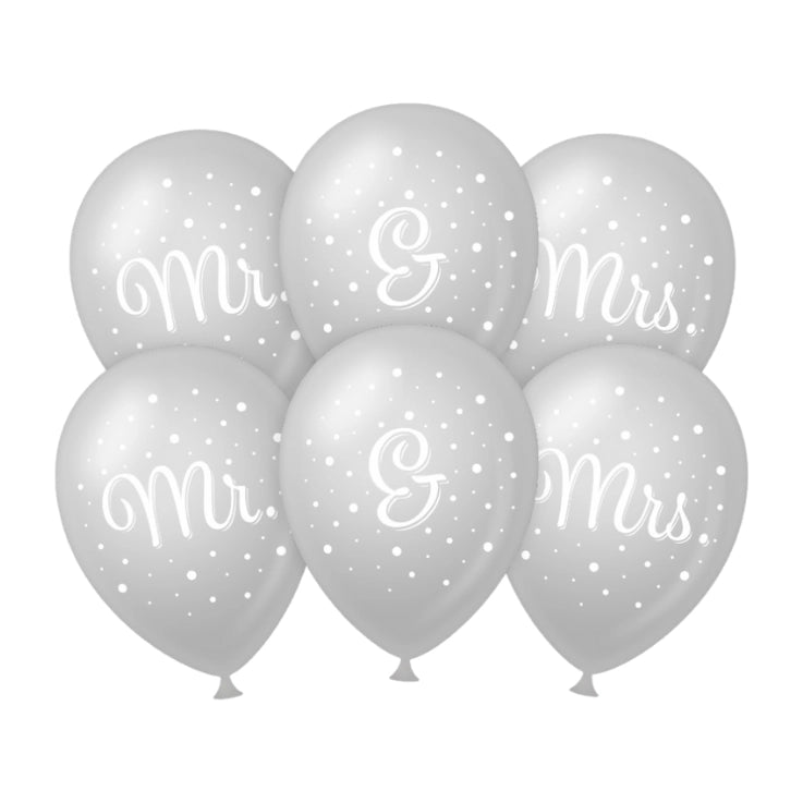 Mr. & Mrs. bruiloft ballonnen zilver 30cm 6 stuks
