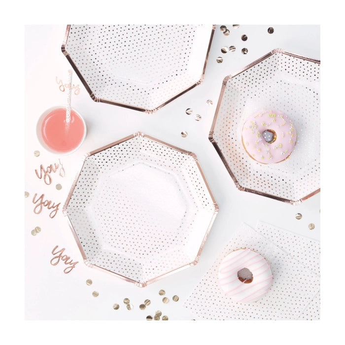 Papieren borden rose goud/ wit 8 stuks 25cm