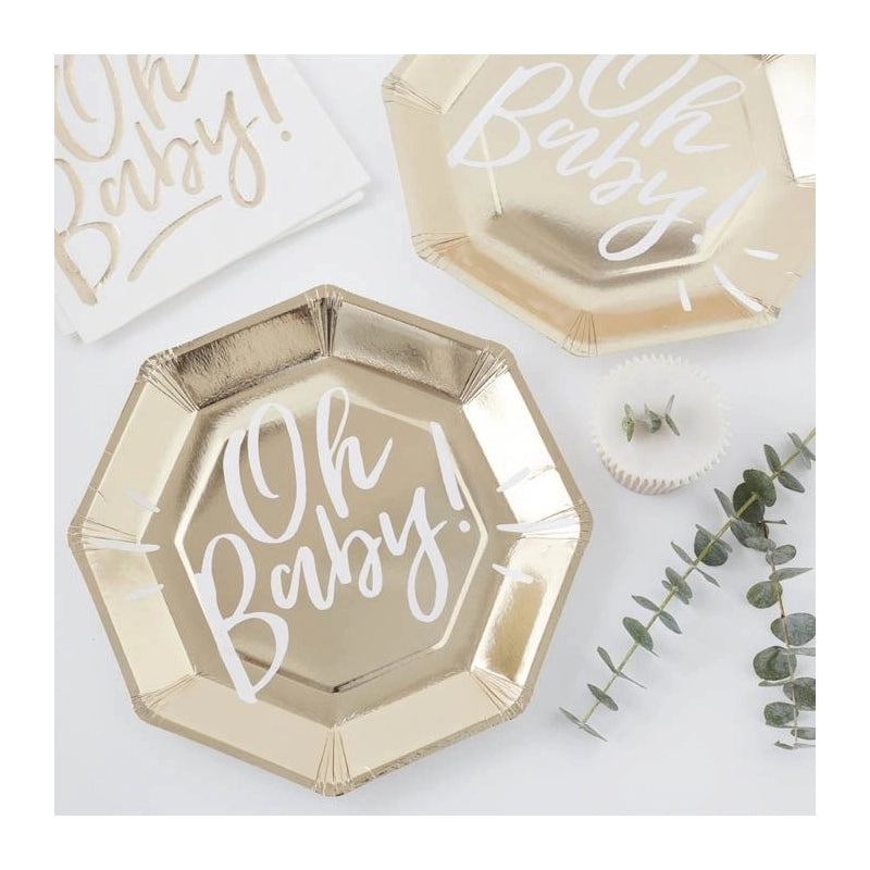 Papieren bordjes goudfolie Oh Baby! - merk Ginger Ray