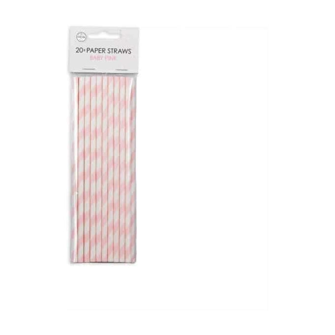 Papieren rietjes baby roze/wit 20 stuks