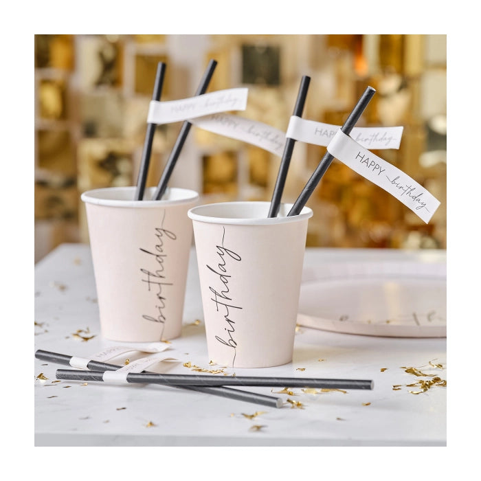 Papieren rietjes Happy Birthday 16 stuks, 20cm