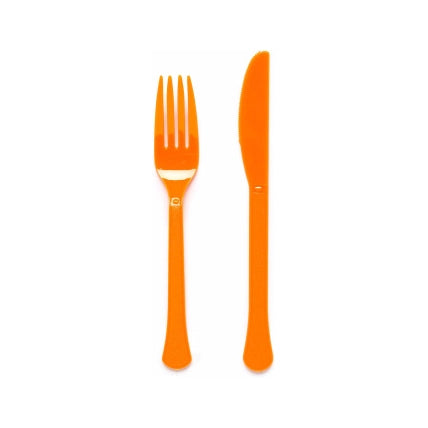 Plastic bestek oranje mes en vork 24 stuks