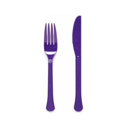 Plastic bestek paars mes en vork 24 stuks