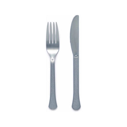 Plastic bestek zilver mes en vork 24 stuks
