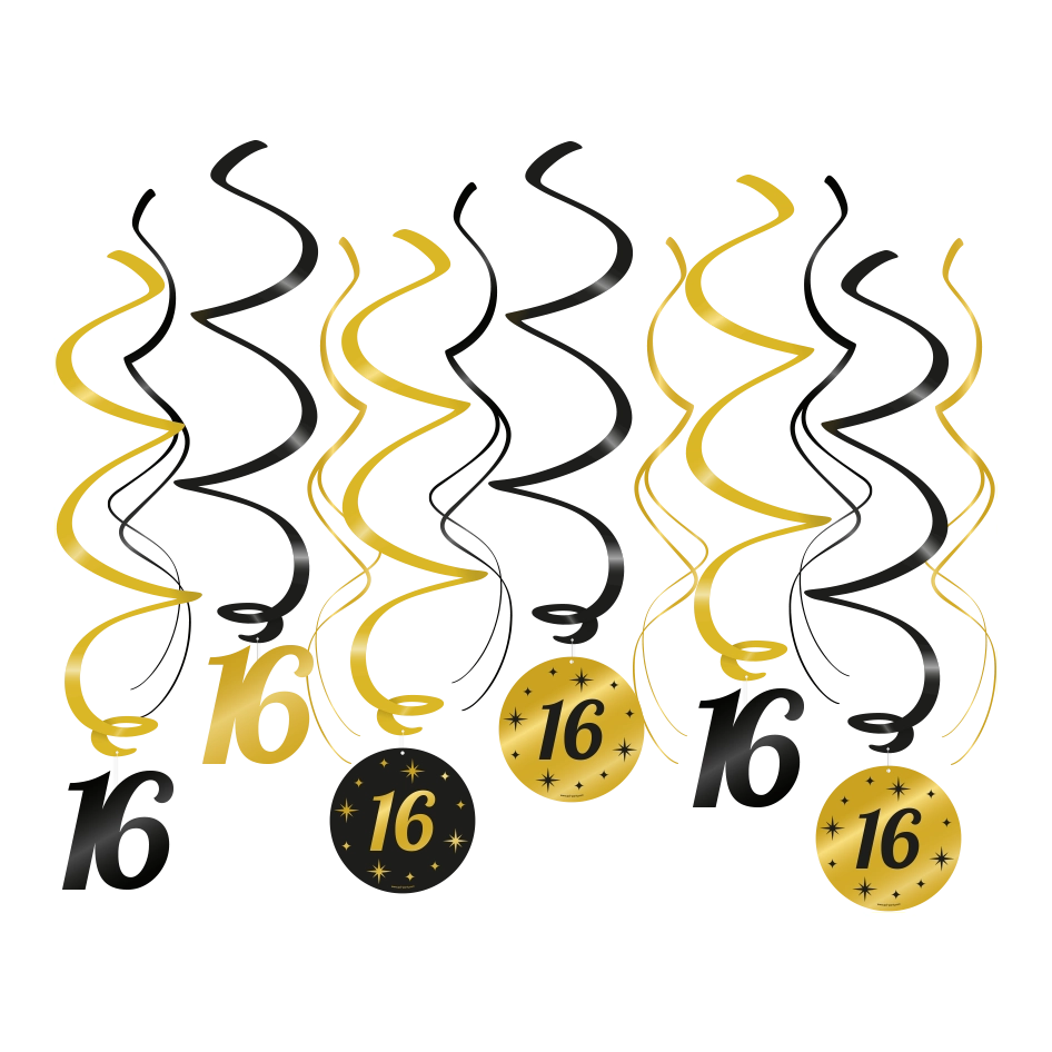 Swirl draaislinger 16 jaar goud zwart 12 stuks