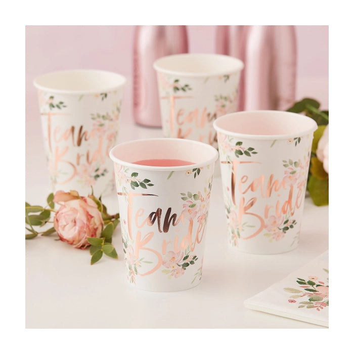 Team Bride papieren bekers vrijgezellenfeest Floral Party 8 stuks