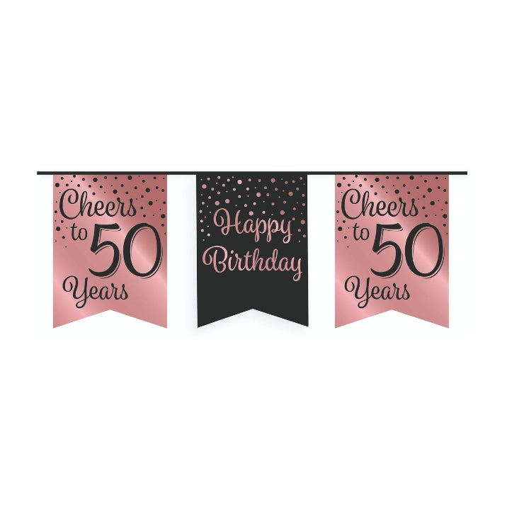 Vlaggetjesslinger - 50 jaar - zwart en rosé goud